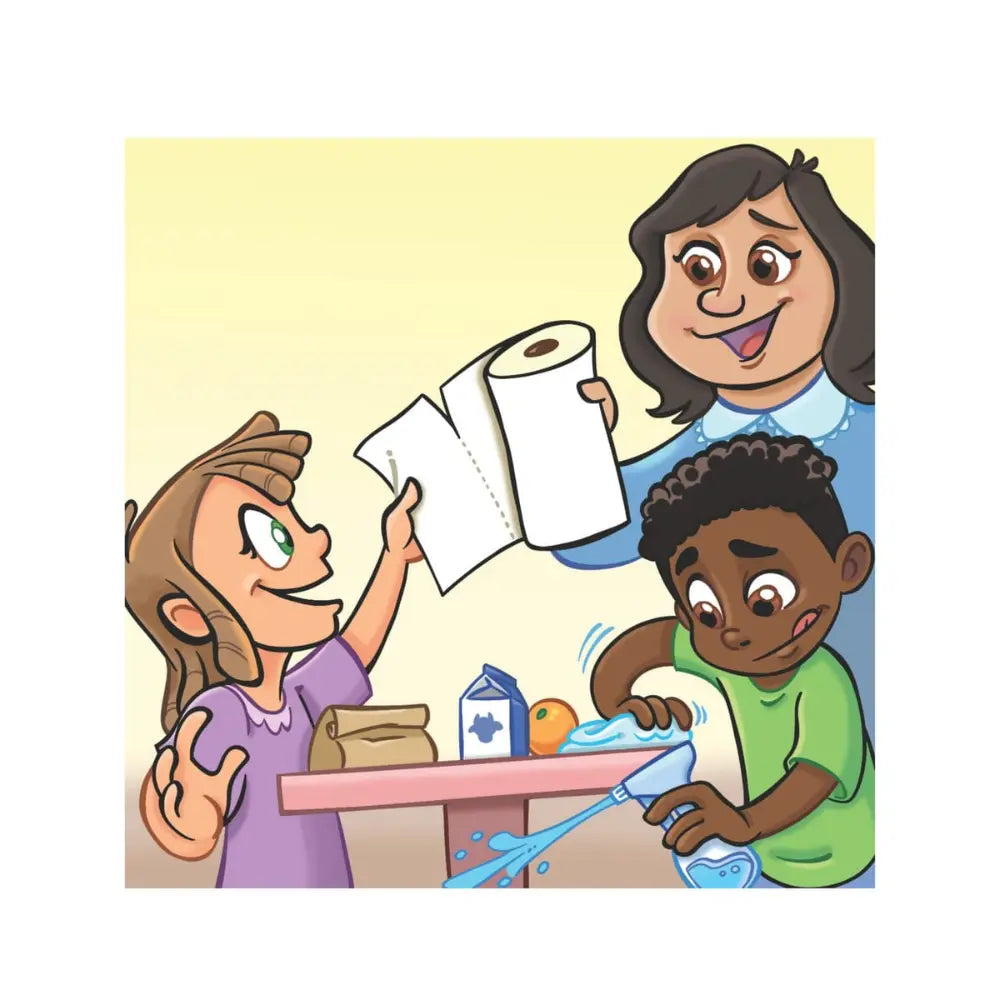 A cartoon illustration of a woman and two children at a table. The woman holds a roll of paper towels, while one child washes a blue cup and the other reaches toward the paper towels.
