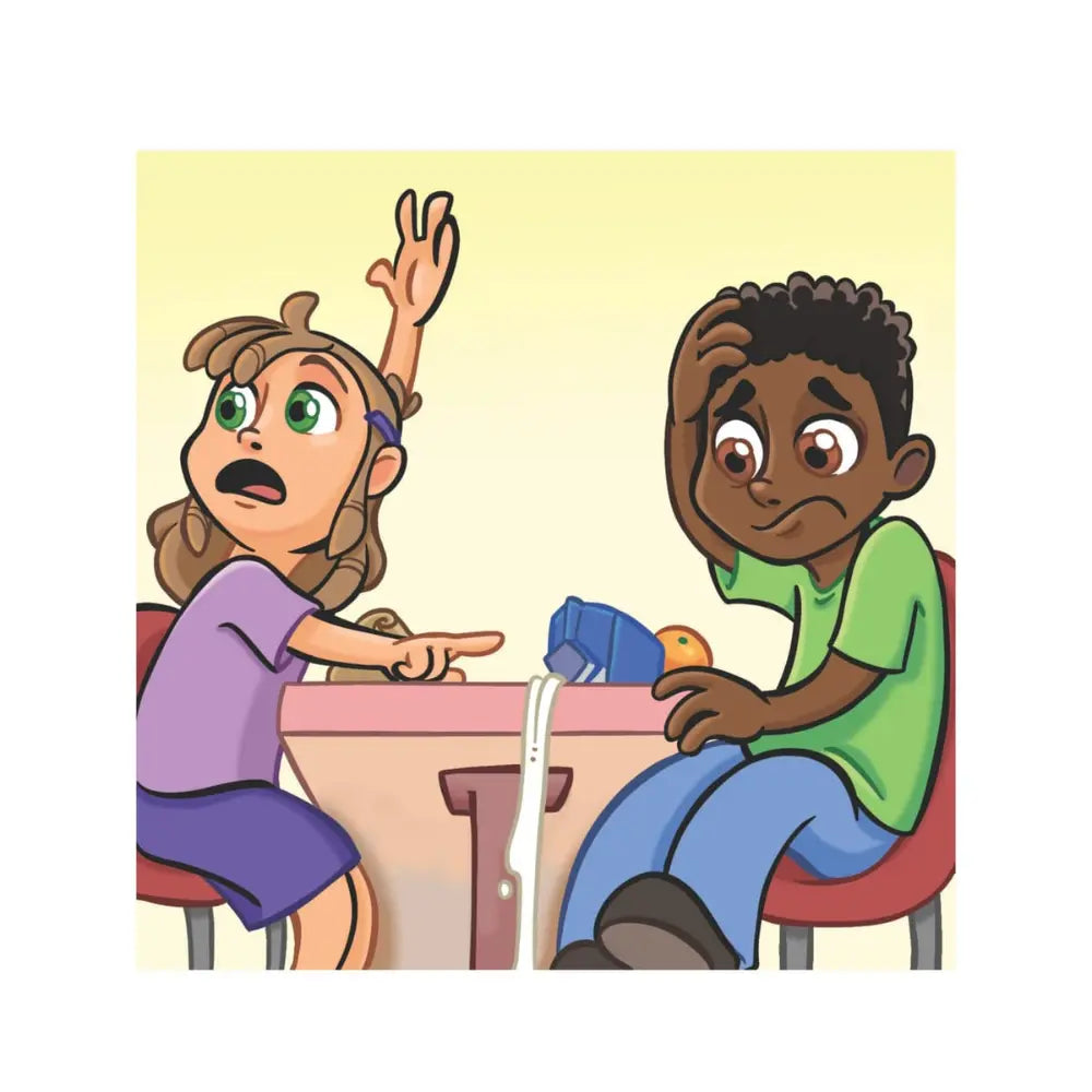 A cartoon illustration of two children sitting at a desk. The girl on the left has brown hair in a ponytail, wears a purple shirt and skirt, and has her hand raised in surprise.