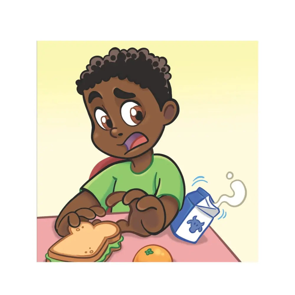 A cartoon illustration of a young boy with dark curly hair looking sad and disappointed while sitting at a table with a sandwich, an orange, and a milk carton.