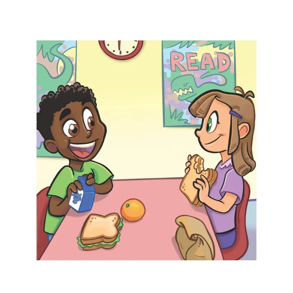 A cartoon illustration of a smiling boy and girl sitting at a table in a school cafeteria, eating lunch. The boy on the left wears a green shirt and holds a blue juice box, while the girl on the right wears a purple shirt and holds a sandwich.
