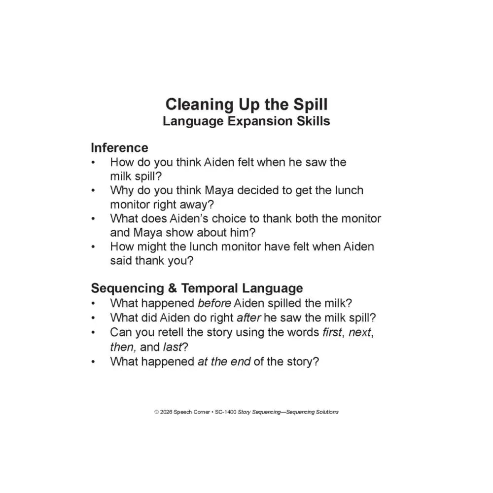 A language expansion card titled 'Cleaning Up the Spill' on a plain white background. The worksheet features educational text and bullet points about inference and sequencing language skills.