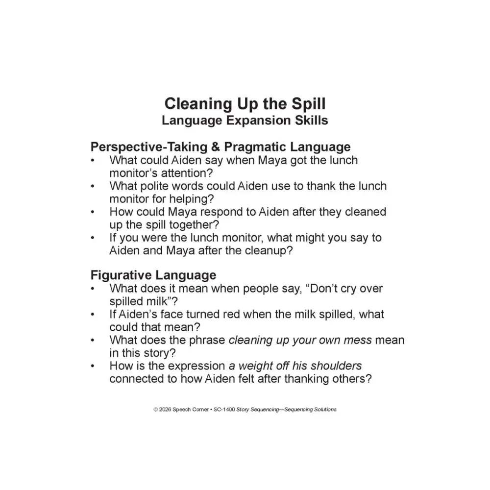 A card titled 'Cleaning Up the Spill Language Expansion Skills' with text about perspective-taking and figurative language questions, on a white background.