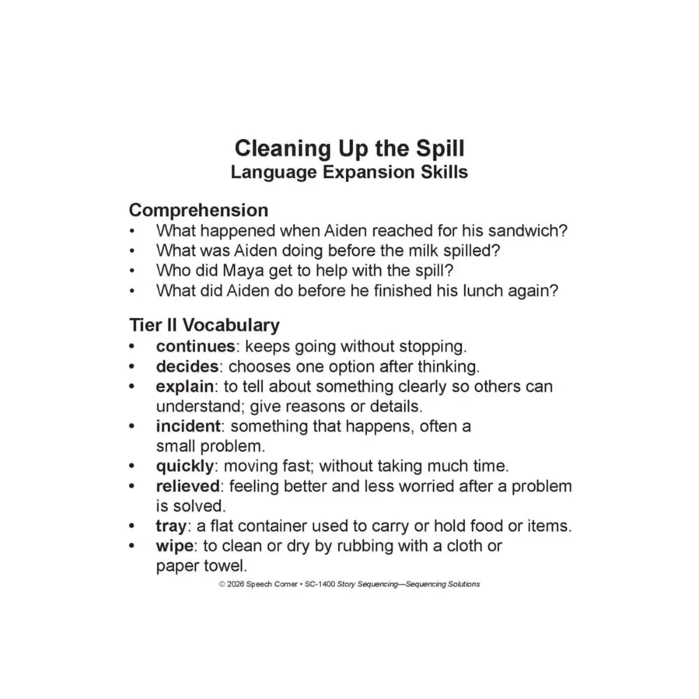 A printed card titled 'Cleaning Up the Spill' with 'Language Expansion Skills' at the top, followed by comprehension questions and a bulleted list of tier II vocabulary words on a white background.