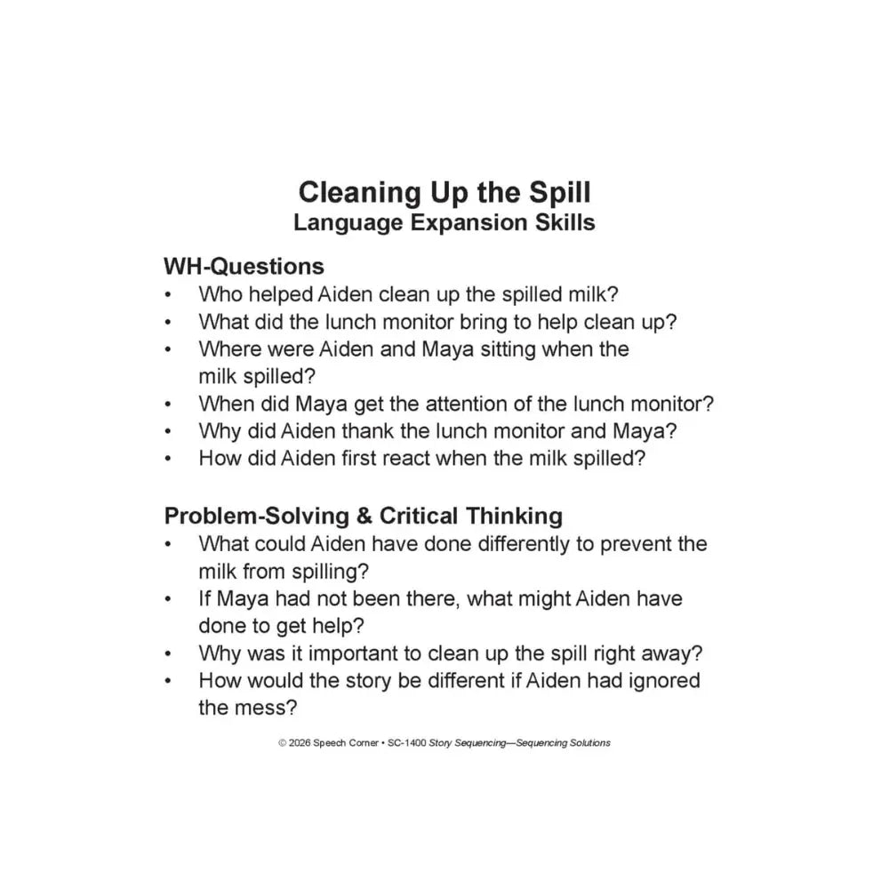 A printed card titled 'Cleaning Up the Spill' with the subtitle 'Language Expansion Skills,' containing bullet points for WH-questions and problem-solving/critical thinking prompts on a white background.