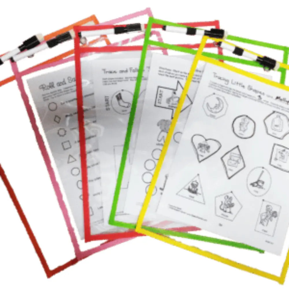 A fan of colorful plastic clipboard sleeves with black-and-white markers, each holding a printed worksheet. The sleeves are outlined in red, orange, pink, green, yellow, and white, shown on a plain white background.
