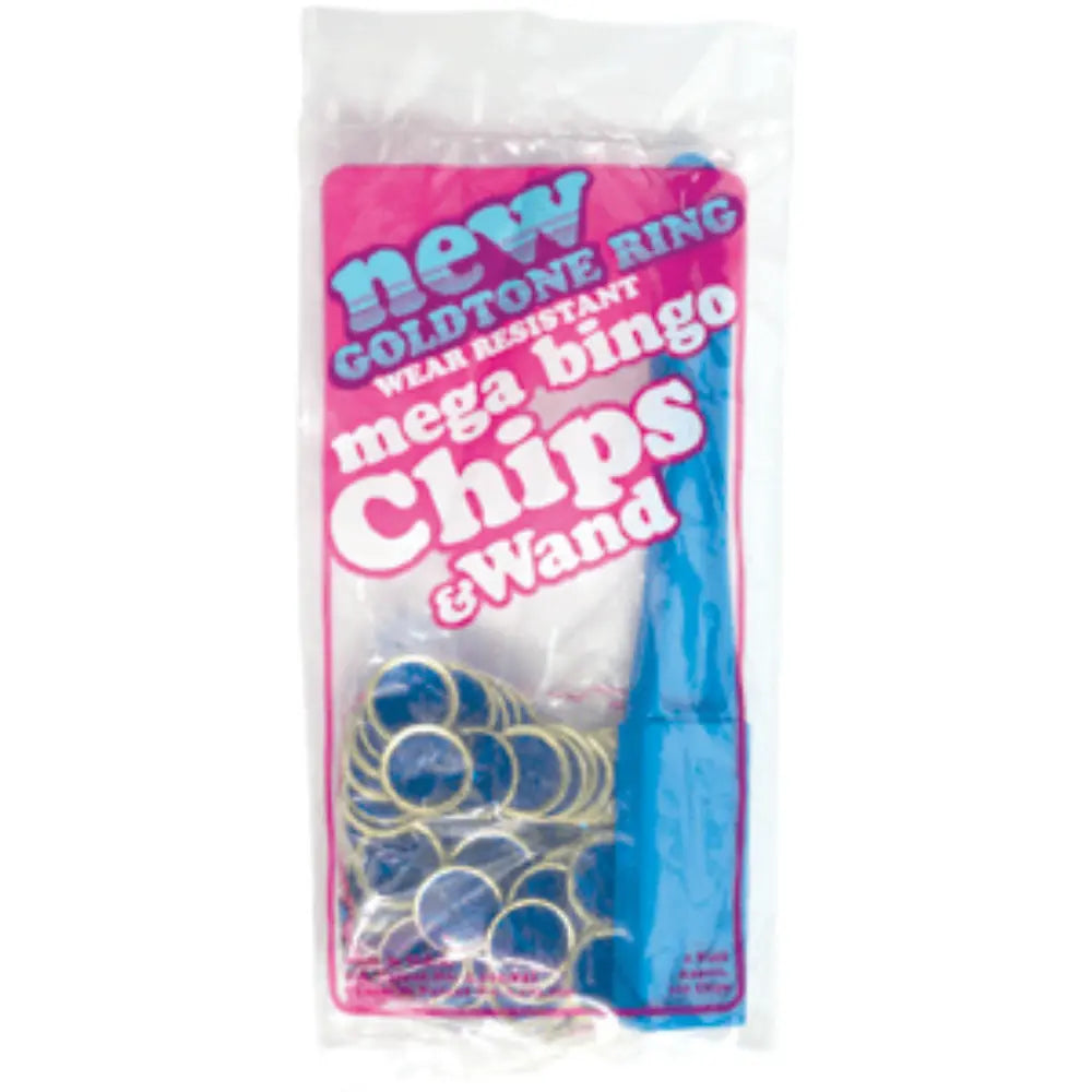 Packaged 'New Goldtone Ring Wear Resistant Mega Bingo Chips & Wand' set in a clear plastic bag with a pink and blue cardboard insert, showing blue bingo chips and a blue wand.