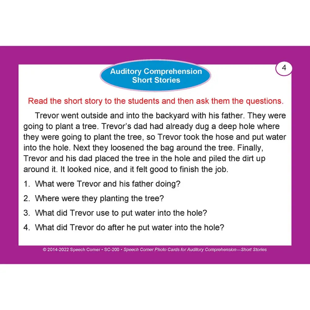 An educational short story card titled 'Auditory Comprehension Short Stories' with a white background and red border, containing a short story about planting a tree and four comprehension questions.