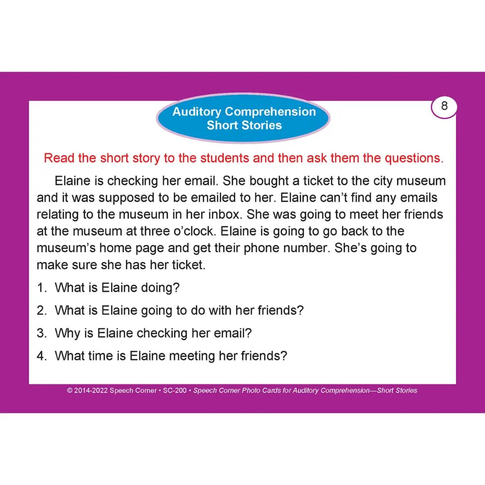 An educational short story card titled 'Auditory Comprehension Short Stories' by Speech Corner, featuring a purple border and a white text area with a red header.