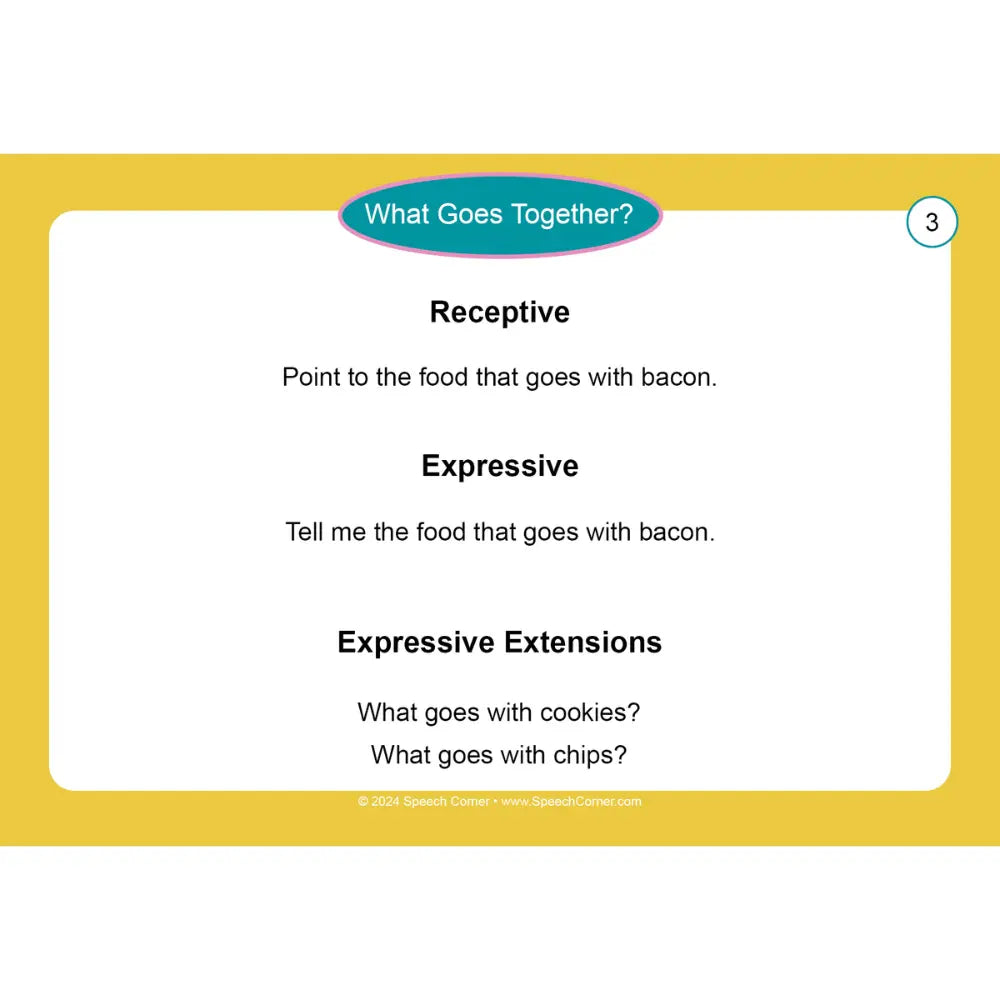 An educational card titled 'What Goes Together?' with a yellow border, a white central panel, and black text listing receptive and expressive food-related vocabulary prompts.
