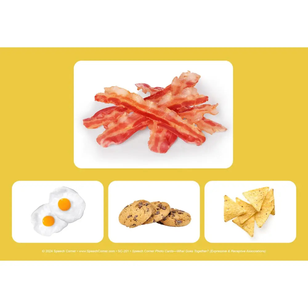 A graphic featuring three food panels on a yellow background: bacon strips in the center, fried eggs on the lower left, chocolate chip cookies in the lower center, and tortilla chips on the lower right. Small copyright text appears along the bottom edge.
