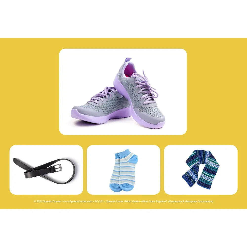 A product collage on a yellow background showing a pair of gray athletic sneakers with purple laces and sole accents, plus three smaller product images below: a black belt, blue striped ankle socks, and a blue patterned necktie. Small copyright text appears along the bottom.