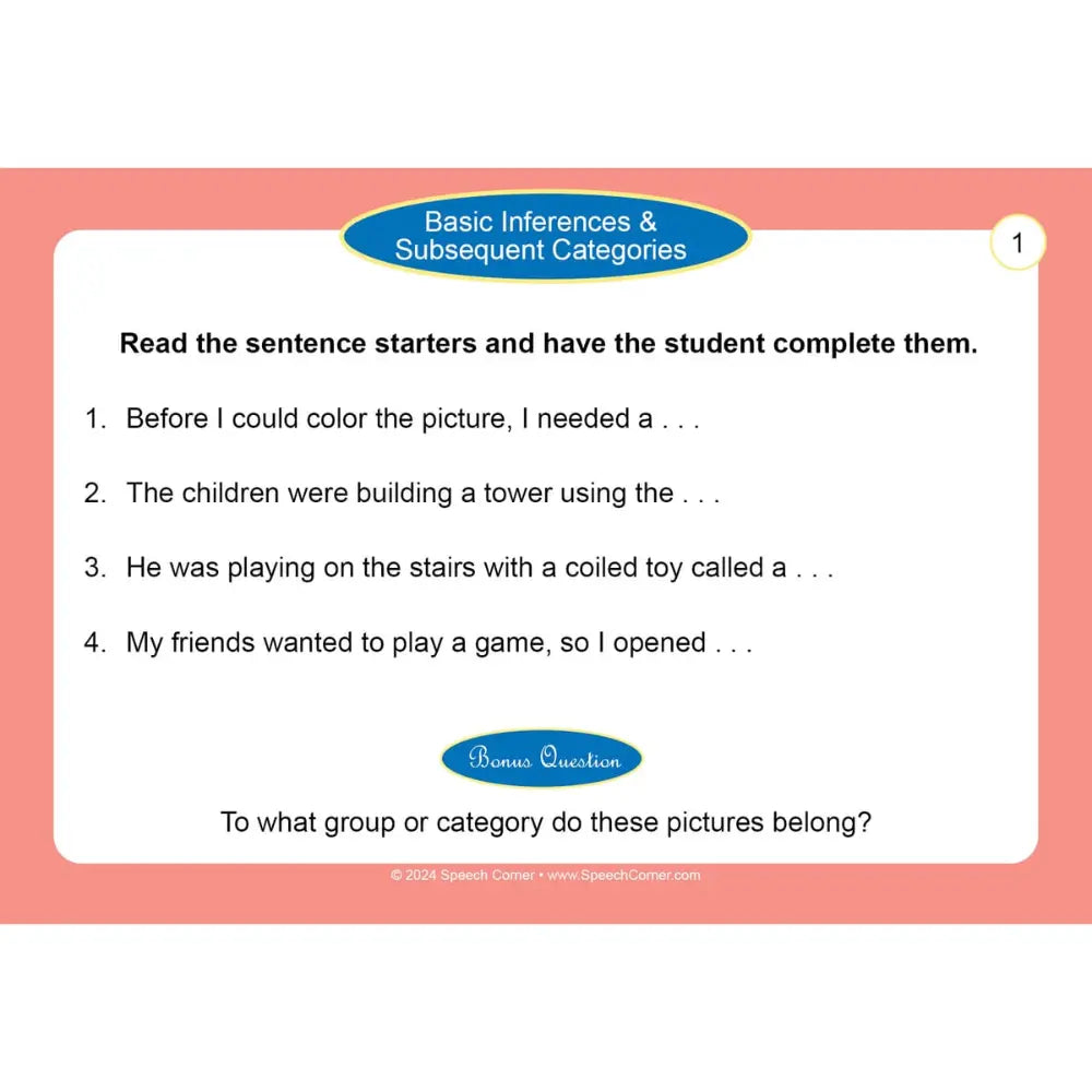 A digital slide or worksheet page titled 'Basic Inferences & Subsequent Categories' with a pink border and a white central panel containing English sentences for students to complete.