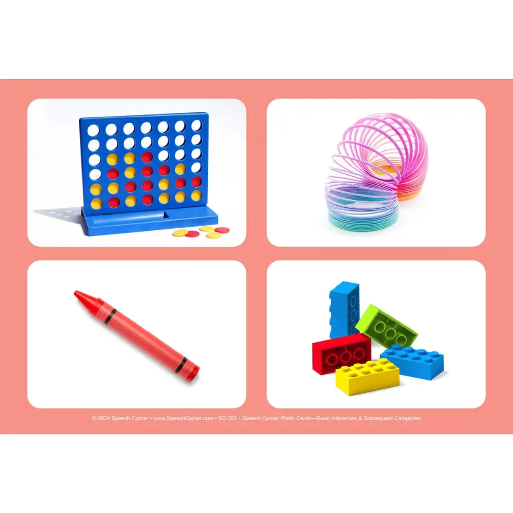 A collage of four children's toys on a white background with a pink border: a blue Connect-Five board game, a pink and blue spiral spring toy, a red crayon, and colorful building blocks.