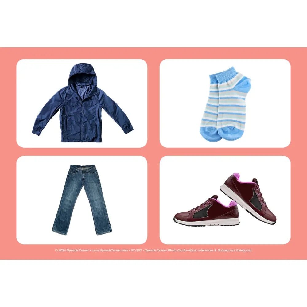 A four-item product collage showing a navy hooded jacket, a pair of light blue and white striped ankle socks, blue jeans, and a pair of burgundy low-top sneakers with green and pink accents, arranged on a coral background with white rounded panels.