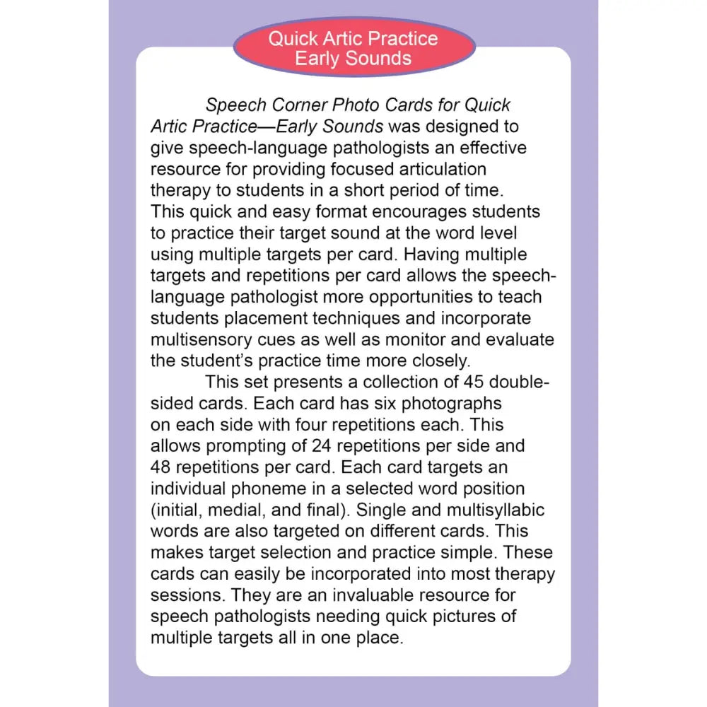 Quick Artic Practice Early Sounds Photo Cards