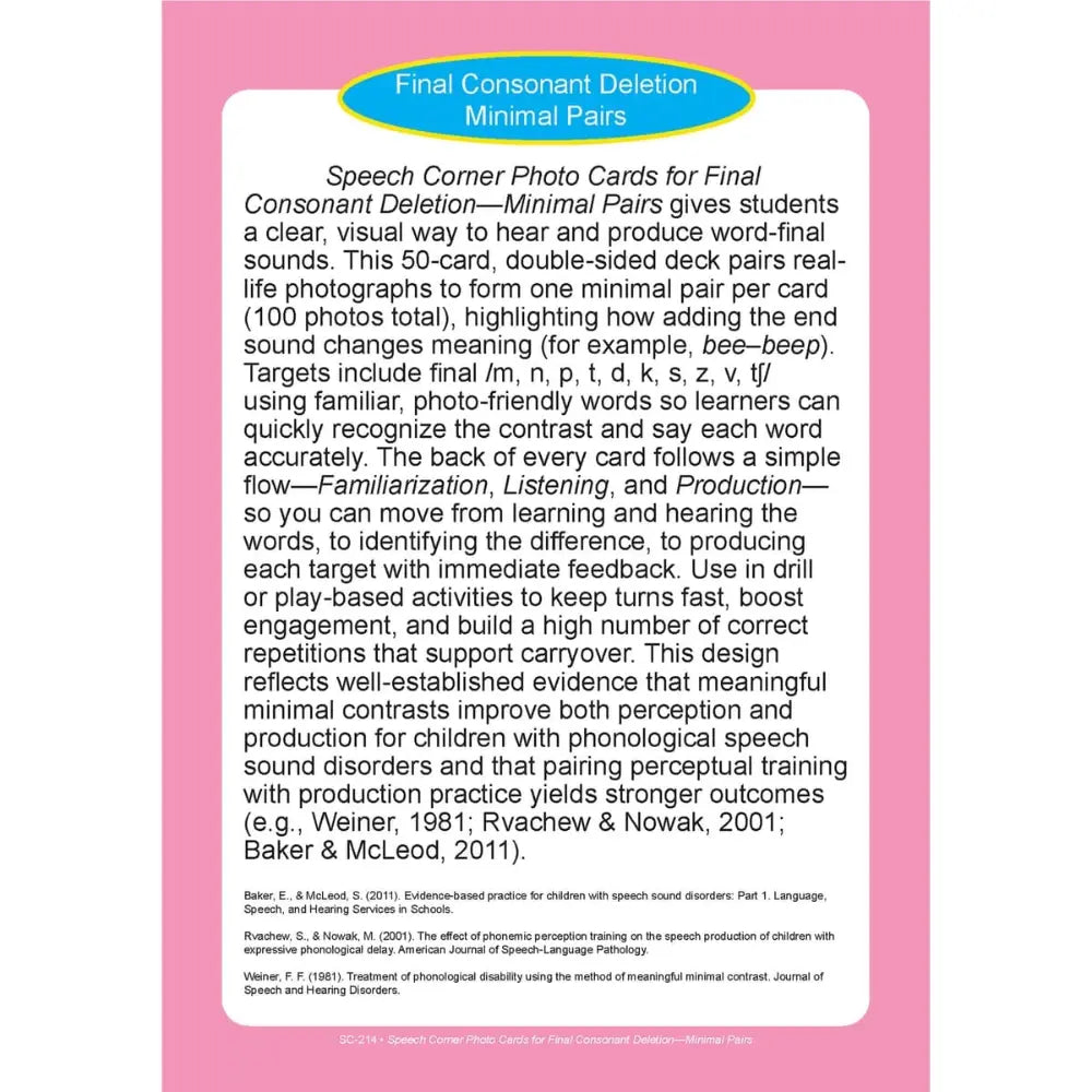Final Consonant Deletion Photo Cards
