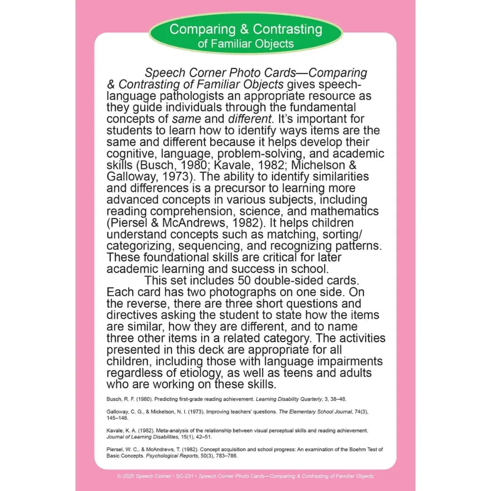 Comparing & Contrasting of Familiar Objects Photo Cards