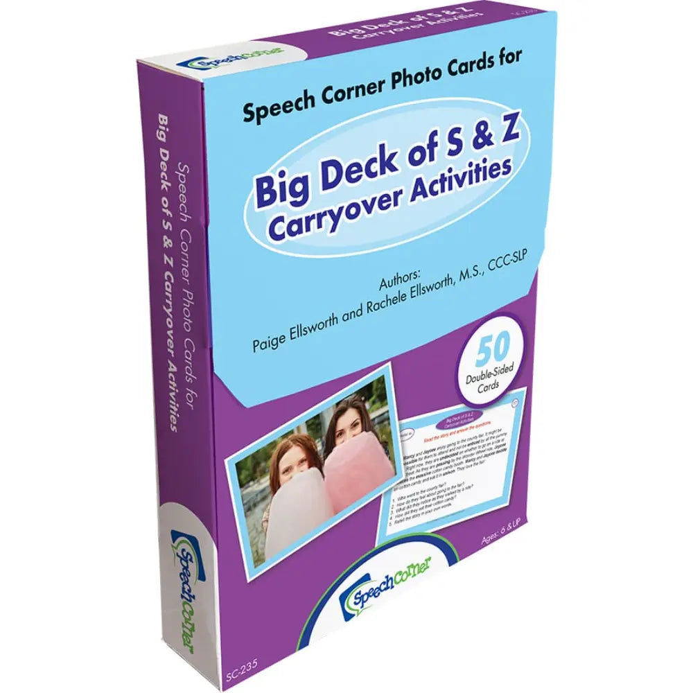 Speech Corner Photo Cards for Big Deck of S & Z Carryover Activities box, featuring a purple and light blue packaging design with a photo of two children blowing pink bubbles on the front.