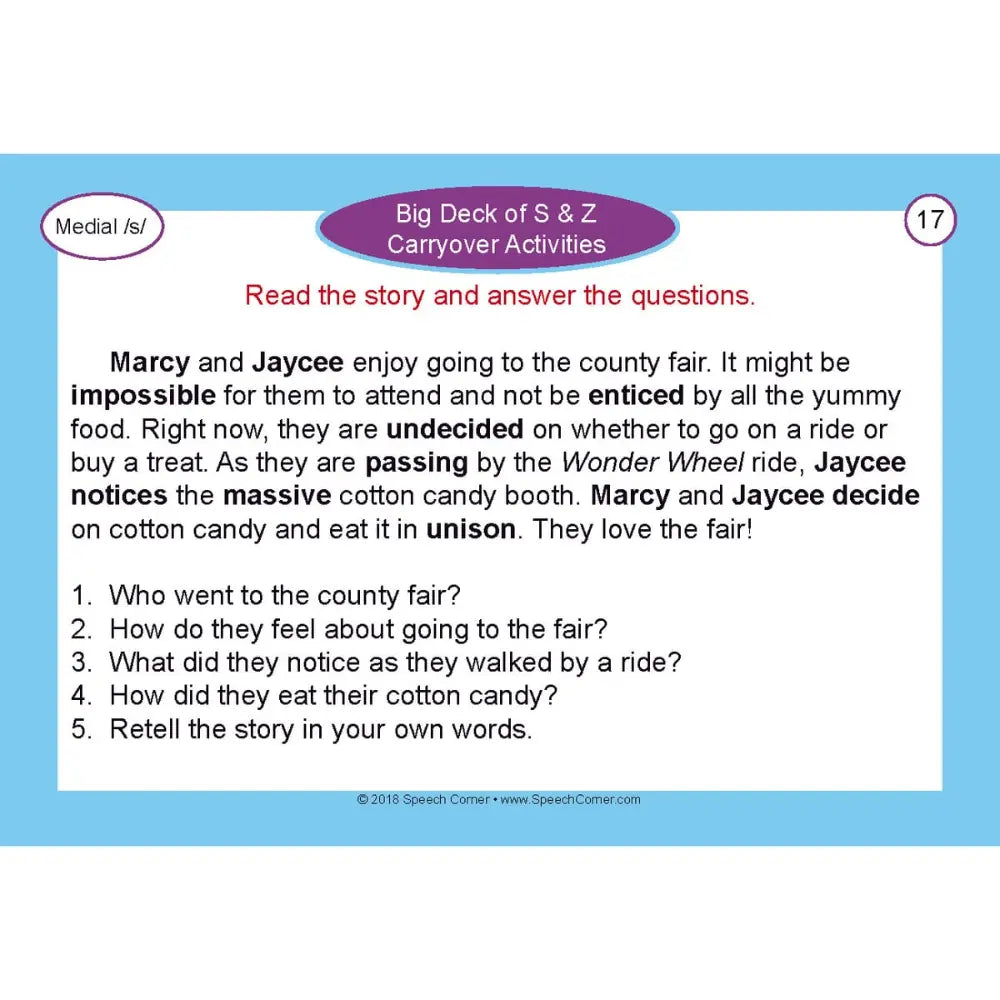 A digital preview of a children's educational worksheet page titled 'Big Deck of S & Z Carryover Activities'. The page features a story about Marcy and Jayce at the county fair, with comprehension questions listed below.