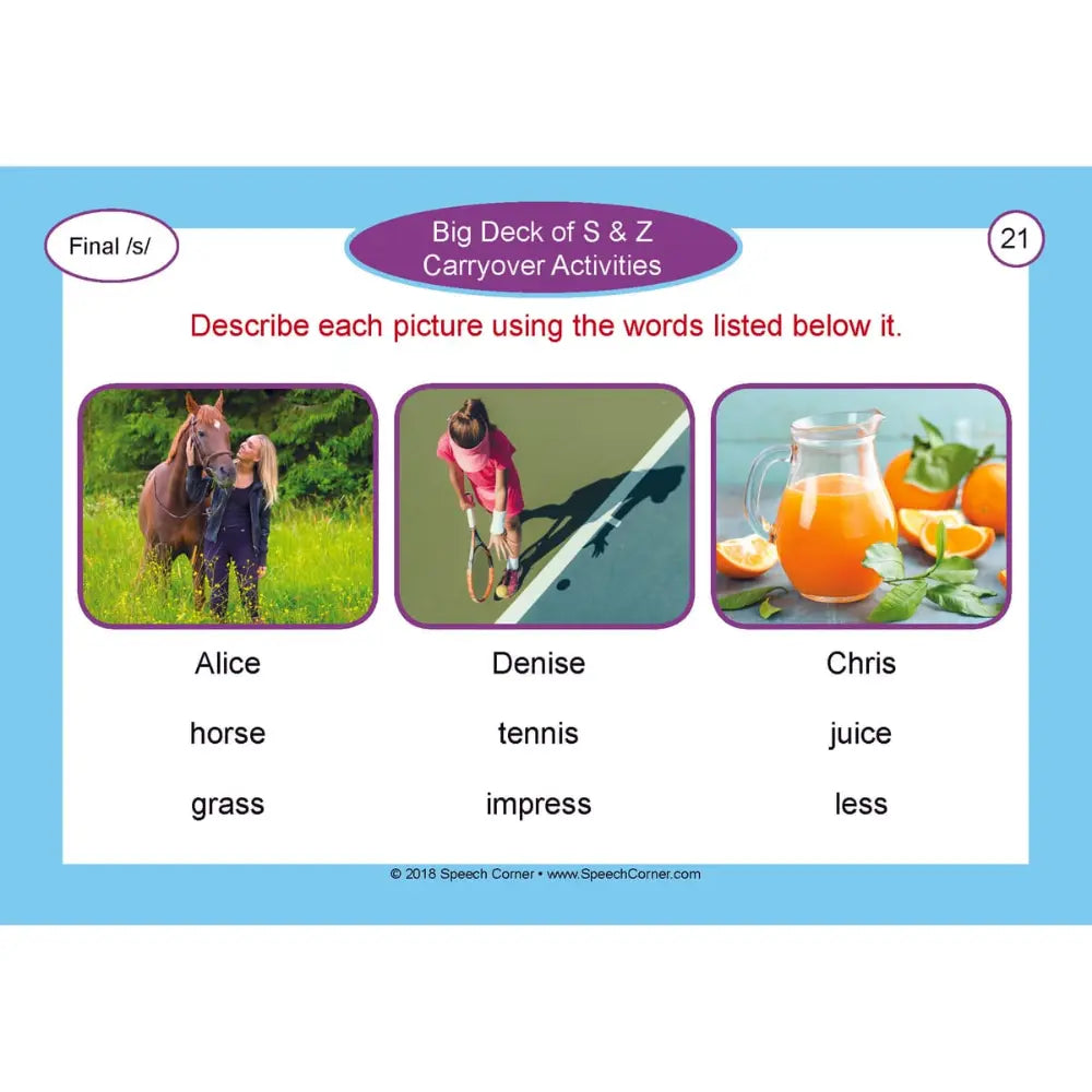 A printed worksheet page titled 'Big Deck of S & Z Carryover Activities' with a light blue border. The page contains three small photo panels with labeled words: Alice with a horse and grass, Denise playing tennis, and Chris with orange juice and oranges.
