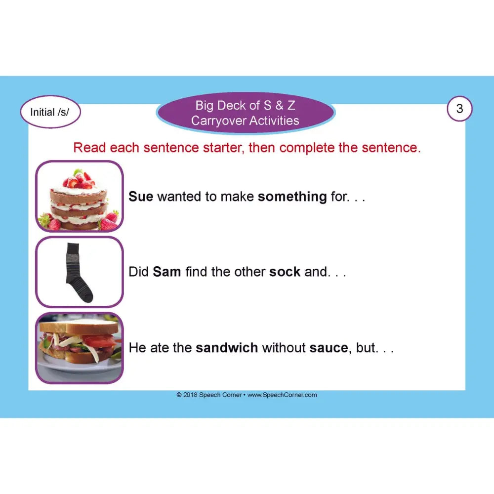 A digital preview of a speech therapy worksheet slide titled 'Big Deck of S & Z Carryover Activities'. The slide features a white background with a light blue border, containing three example sentences with corresponding picture prompts of a strawberry cake, a black sock, and a sandwich.