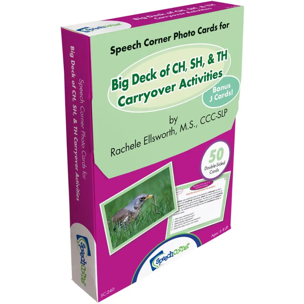 Speech Corner Photo Cards box for Big Deck of CH, SH, & TH Carryover Activities, featuring a green and magenta box with product title text and a small photo of a frog on the front.