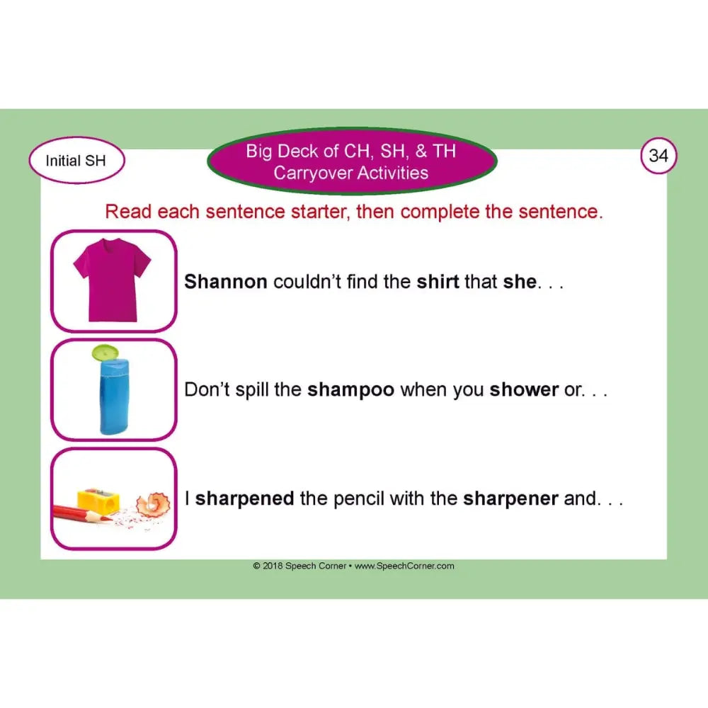 A printed photo card titled 'Big Deck of CH, SH, & TH Carryover Activities' with the heading 'Read each sentence starter, then complete the sentence.' The page shows three illustrated activity rows: a pink shirt, a blue bottle, and small objects with a pencil sharpener, all on a white page with a light green border.