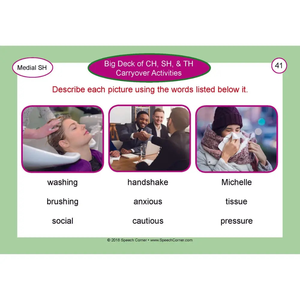 A worksheet page titled 'Big Deck of CH, SH, & TH Carryover Activities' with three example phrases and images: 'washing', 'brushing', 'social' on the left; 'handshake', 'anxious', 'cautious' in the center; 'Michelle', 'tissue', 'pressure' on the right. The page has a light green border and includes the Speech Corner brand at the bottom.