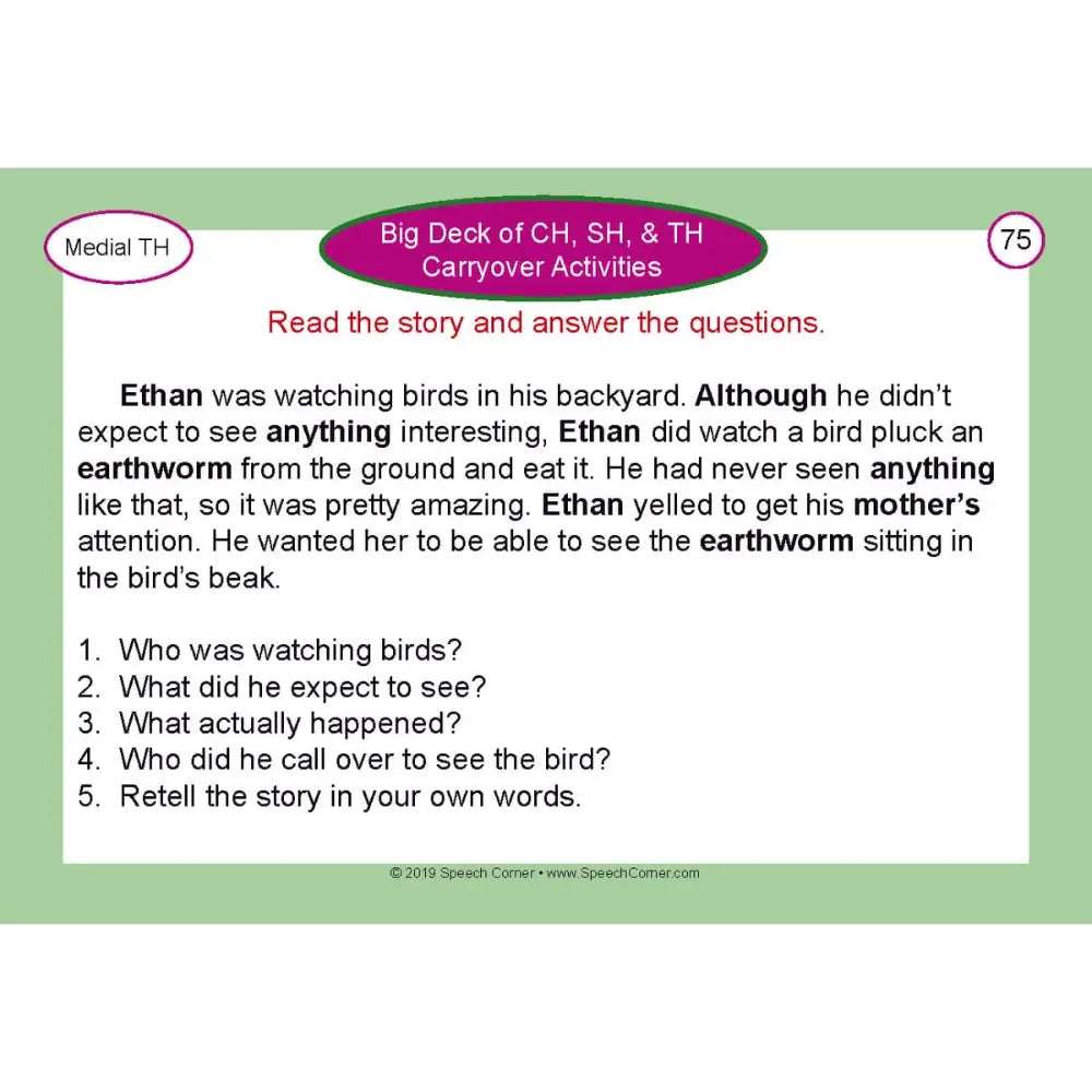 A worksheet page titled 'Big Deck of CH, SH, & TH Carryover Activities' with a green border, a magenta title banner, and a white text area containing a short reading passage about a child watching an earthworm in a backyard, followed by comprehension questions.