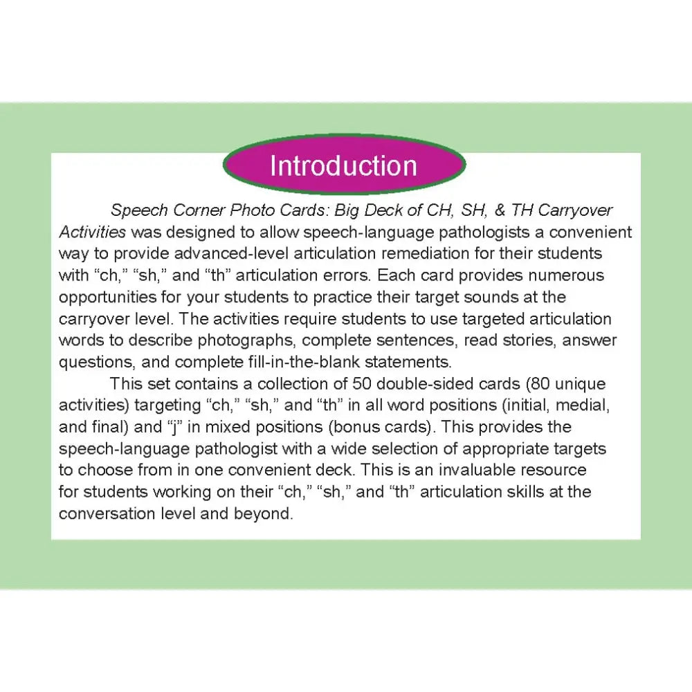 A printed informational card titled 'Introduction' with a purple banner and white background, describing a speech-language therapy card set called 'Speech Corner Photo Cards: Big Deck of CH, SH, & TH Carryover Activities.'.