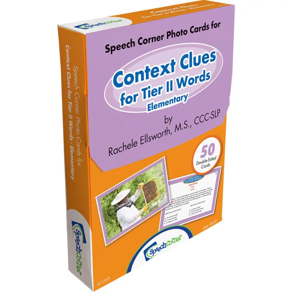 Speech Corner 'Context Clues for Tier II Words' Elementary speech activity photo cards in a box, featuring a purple and orange design with educational text and a bee illustration.