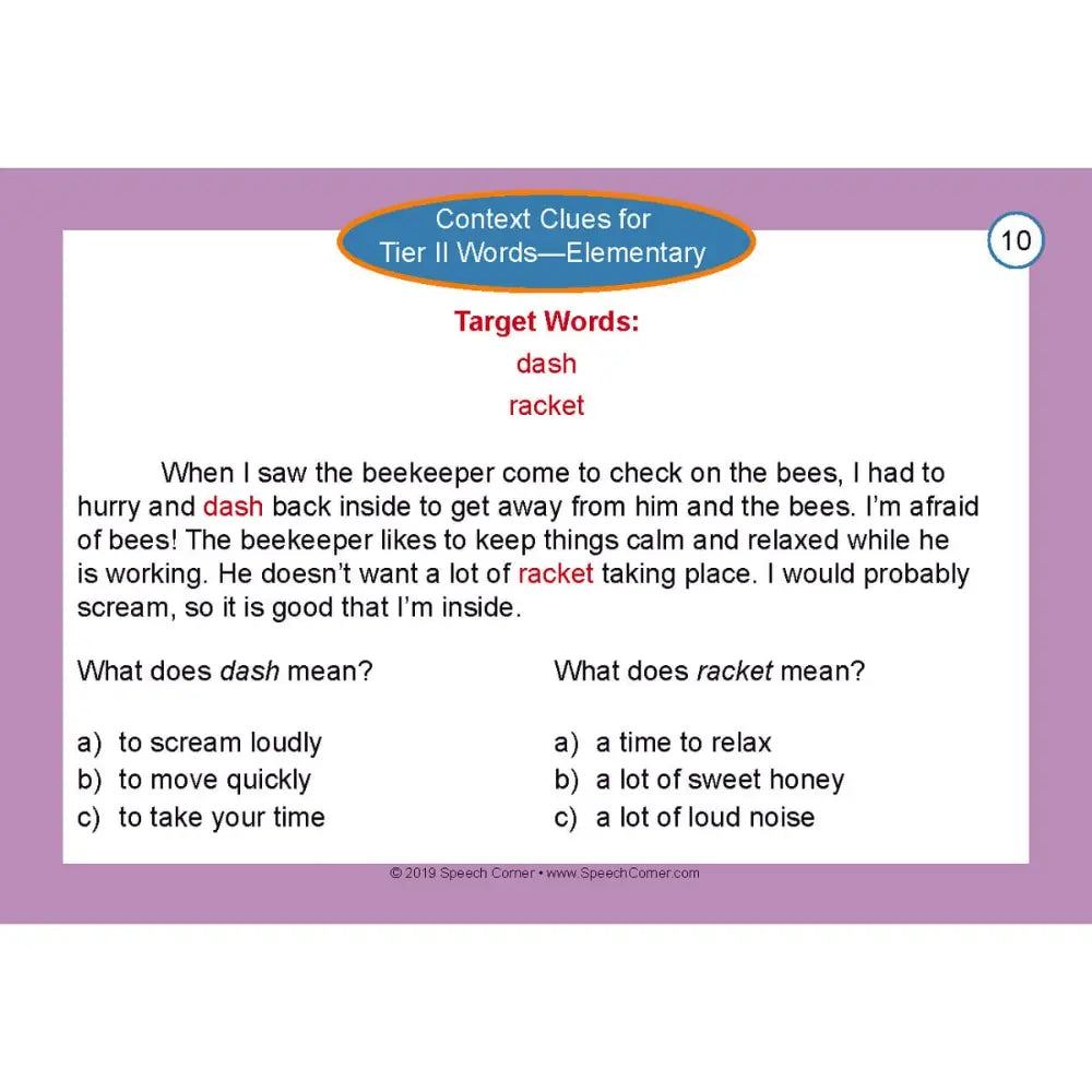 A digital preview of an educational worksheet titled 'Context Clues for Tier II Words—Elementary' showing word puzzles related to 'dash' and 'racket' with multiple-choice options, set against a purple and white background.