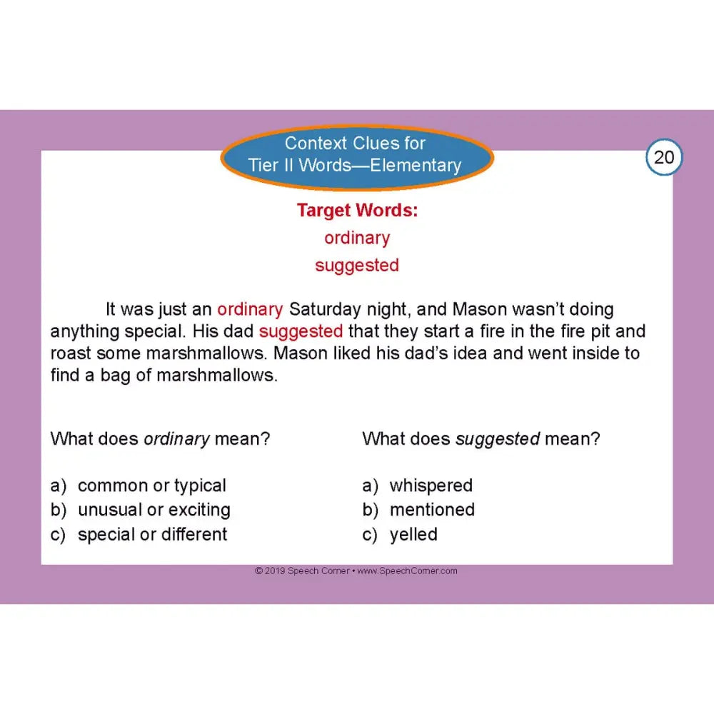 A digital preview of an educational worksheet titled 'Context Clues for Tier II Words—Elementary' by Speech Corner. The page features a white background with a large purple text box, a blue and orange header, and red and black text presenting a reading comprehension activity about the word 'ordinary'.