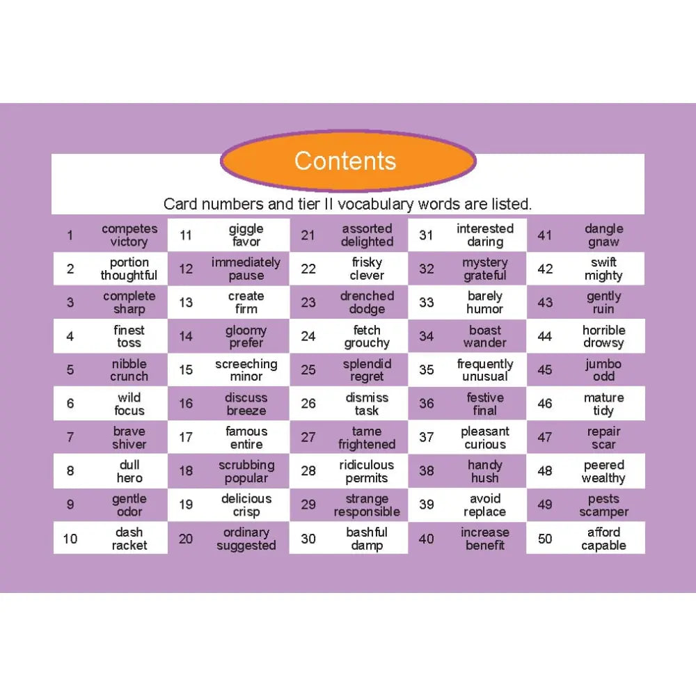 A purple and white educational chart titled 'Contents' listing card numbers and tier II vocabulary words, designed as a reference guide.