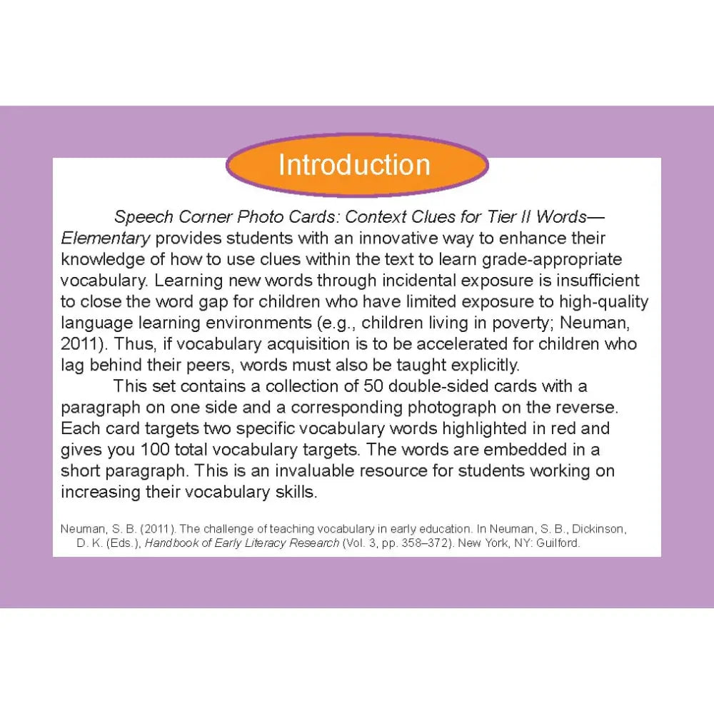 A printed card titled 'Introduction' with a purple background and a white central panel. The cover text reads 'Speech Corner Photo Cards: Context Clues for Tier II Words'.