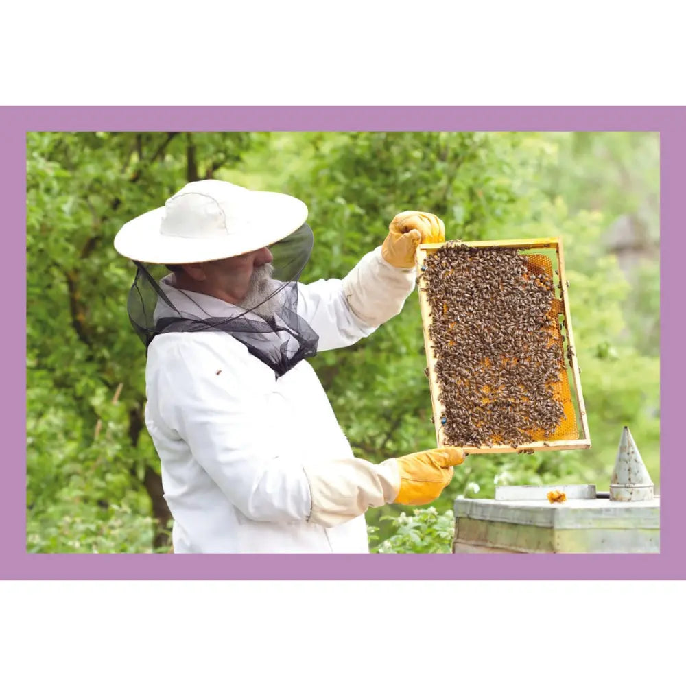 A person in a white beekeeping suit with a mesh veil and yellow gloves holds up a wooden frame covered with honey bees outdoors, with green foliage in the background.