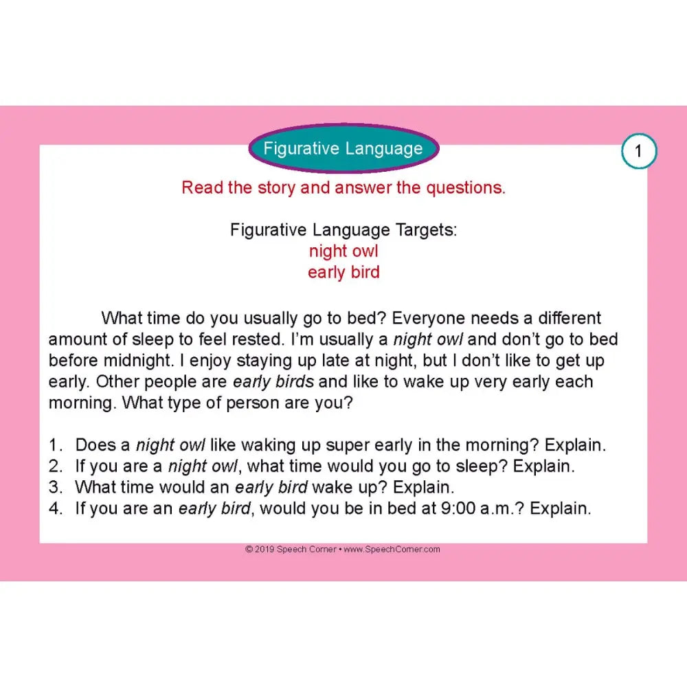 A printed card about figurative language, with a pink border, a white center panel, red text, and black explanatory content about night owls and early birds.