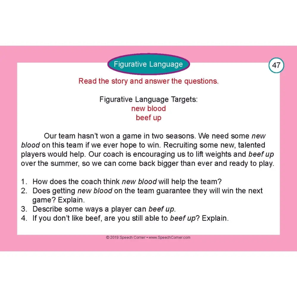 A pink and white educational worksheet page titled 'Figurative Language' with a numbered target about using metaphors with 'new blood' and 'beef up' in a sports context, plus four comprehension questions.