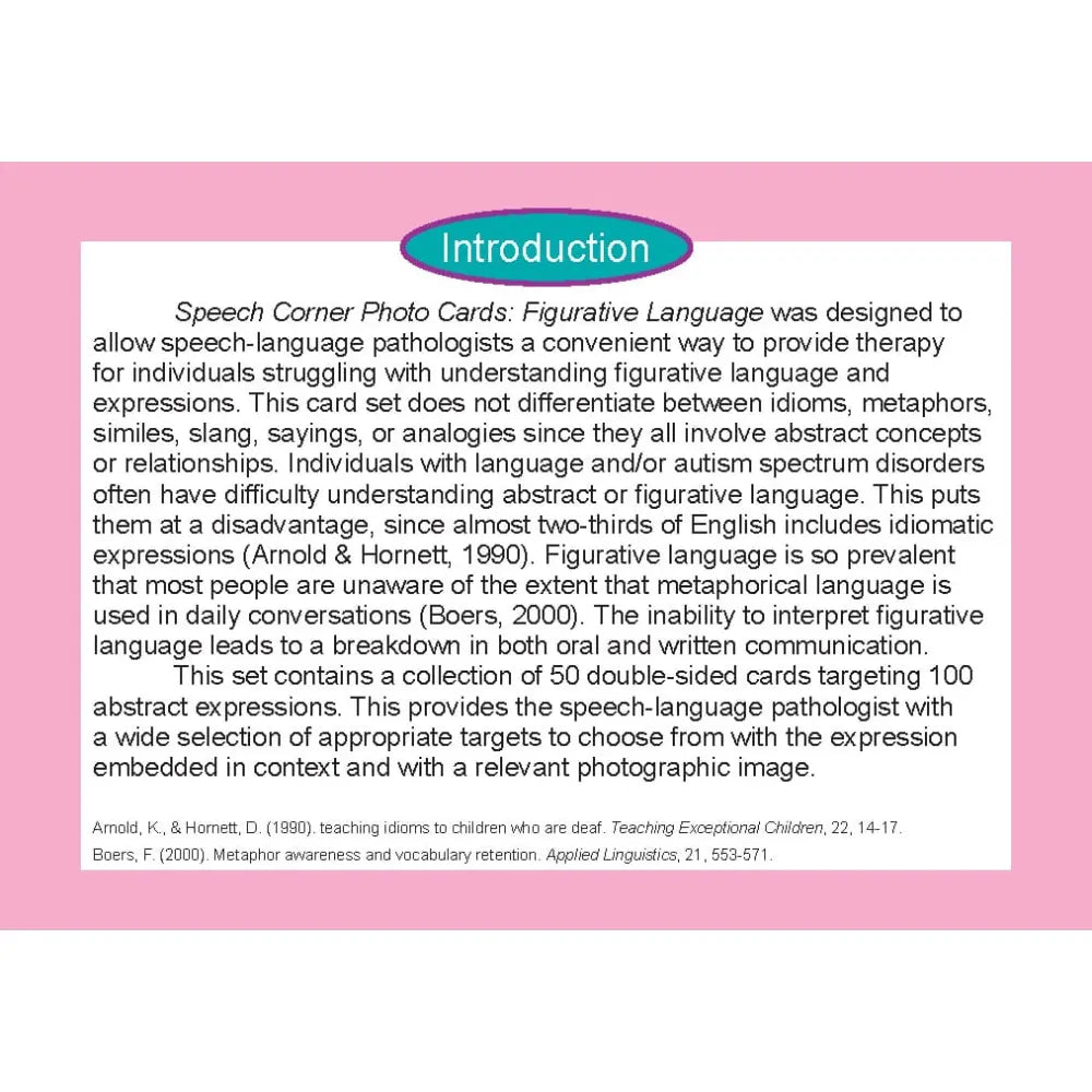 A book or booklet cover page titled 'Introduction' with a light pink background and a teal title banner. The main text explains 'Speech Corner Photo Cards: Figurative Language' and its purpose for speech-language therapists.