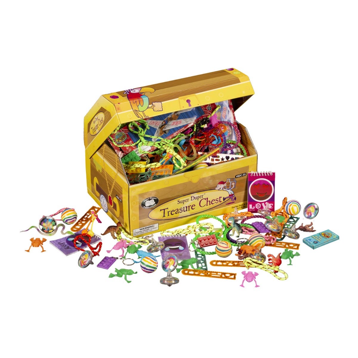 Toy treasure chest with various toys spilling out on a white background