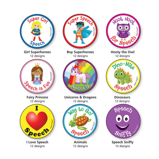 Collection of colorful speech therapy stickers with various designs on a white background