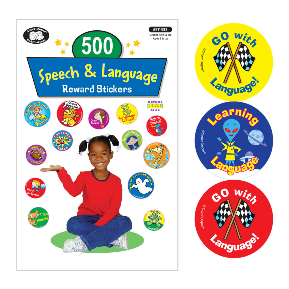 Packaging of '500 Speech & Language Reward Stickers' with a child and various stickers on a white background.