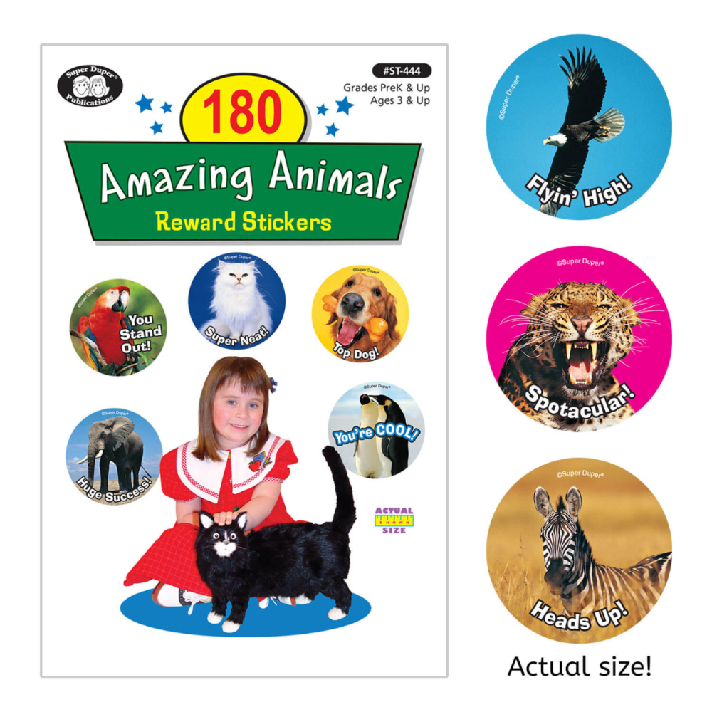 Packaging of 180 Amazing Animals Reward Stickers with colorful animal images and a girl holding a cat.