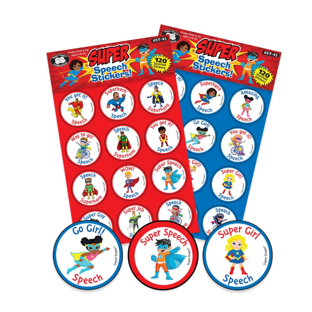 Two packs of Super Speech Stickers with superhero-themed characters on a white background