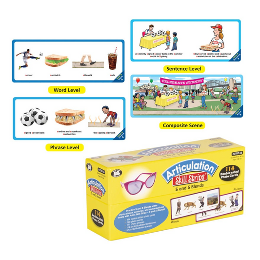 Box of Articulation Skill Strips with educational illustrations on a white background