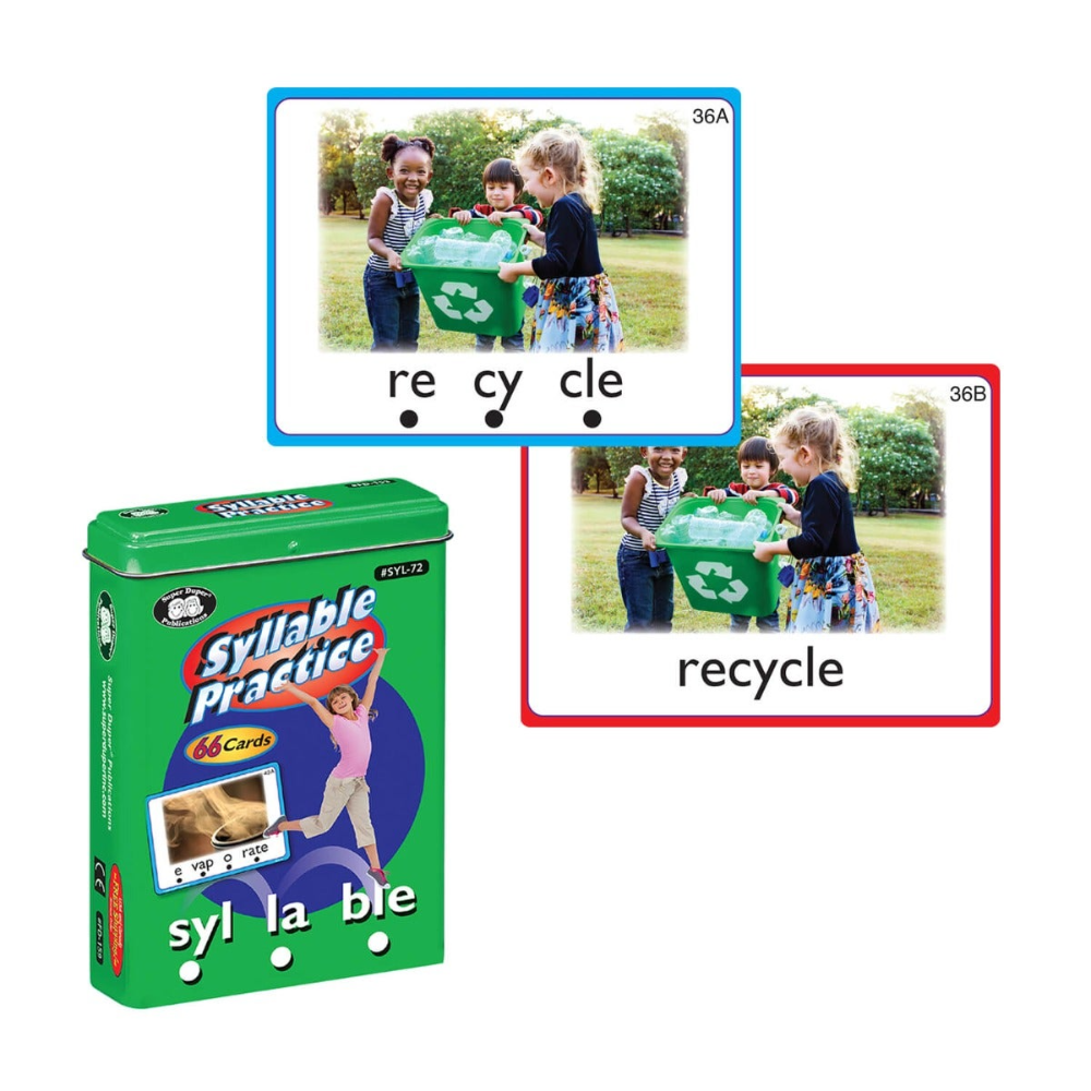 Educational card game box with children playing with a recycling bin and word cards.