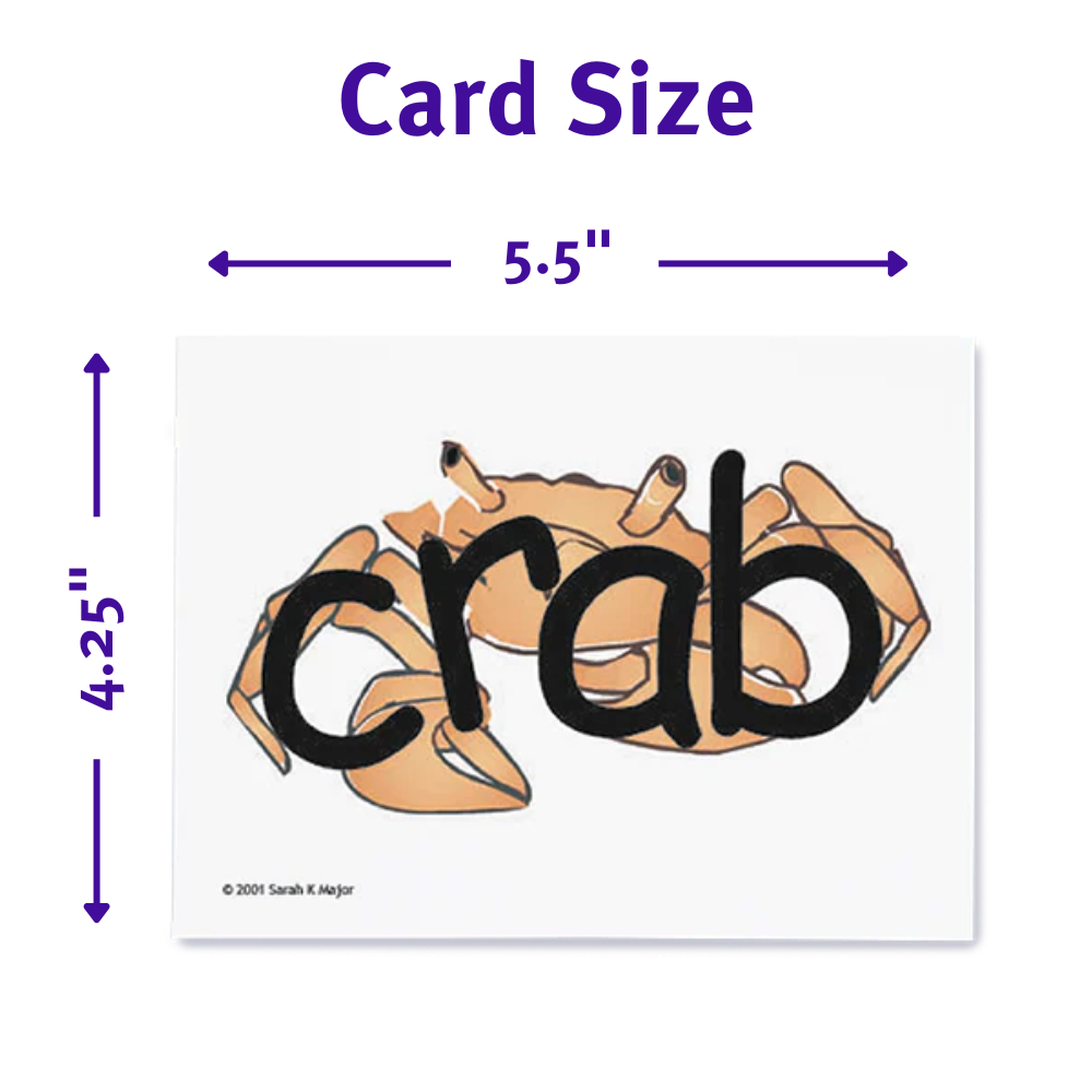 A flashcard illustrating a crab which shows that the SnapWords® Preschool Teaching Cards measure 5.5" by 4.25"