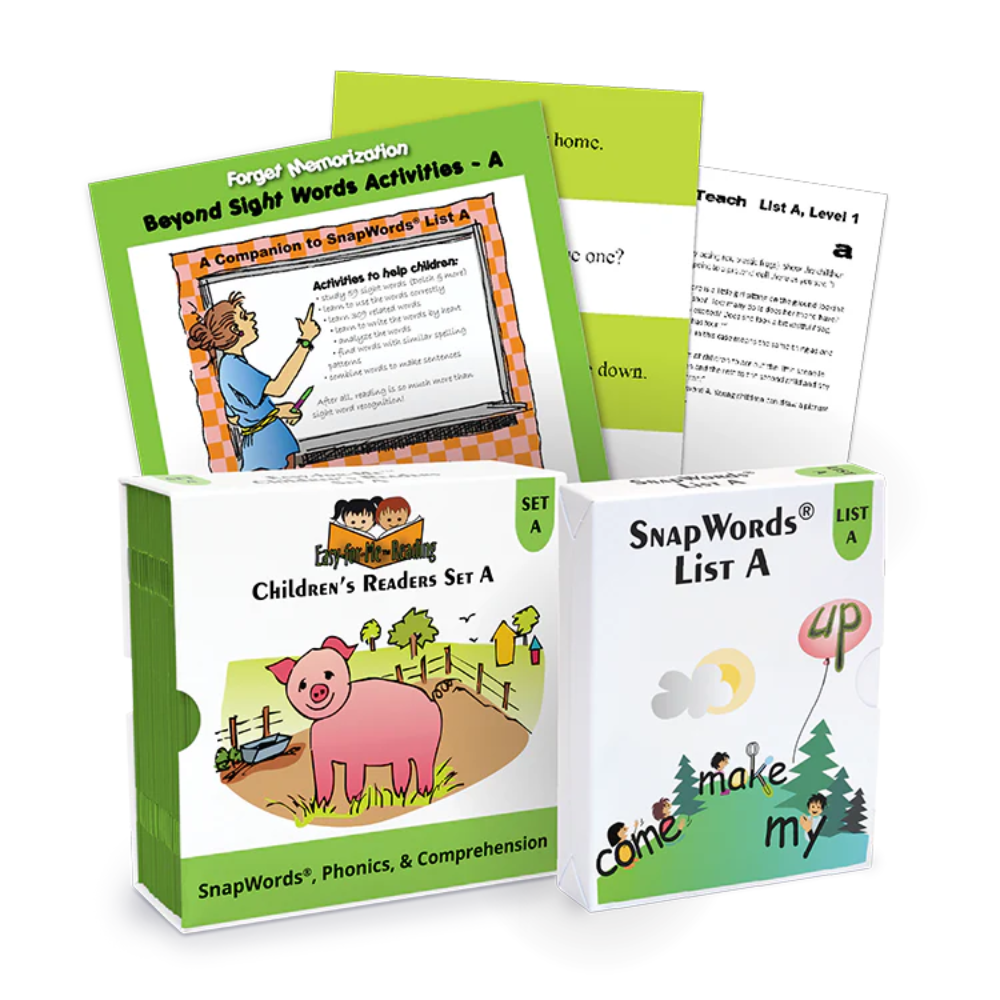 A photo of the SnapWords® System Kit A components (children's readers, flashcards, and three books)