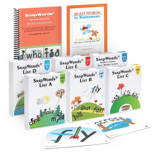 A photo of all the components of the SnapWords® 306 Kit (2 books, 6 sets of flashcards)