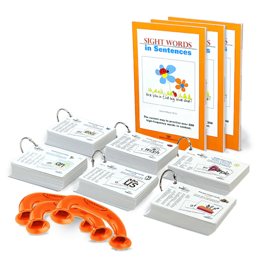 A photo of the SnapWords® 306 Student Kit components (3 books, 6 sets of flashcards on a ring, 3 Tabaloo speaking/hearing devices)